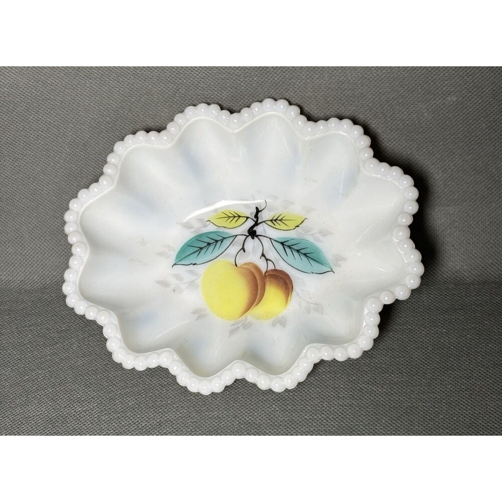 Vintage Westmoreland Milk Glass Bowl Hand painted Beaded Rim-Fruit Bowl-Opaque
